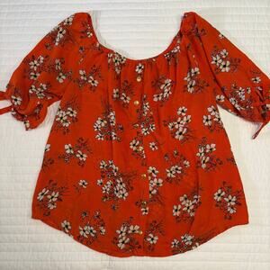 Love J Orange Floral Peasant Tie Sleeve Blouse Womens 1X